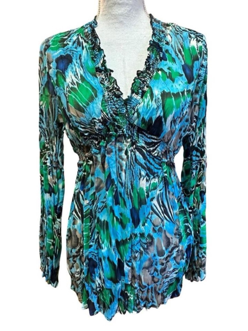 Elegancia blue green abstract animal print top